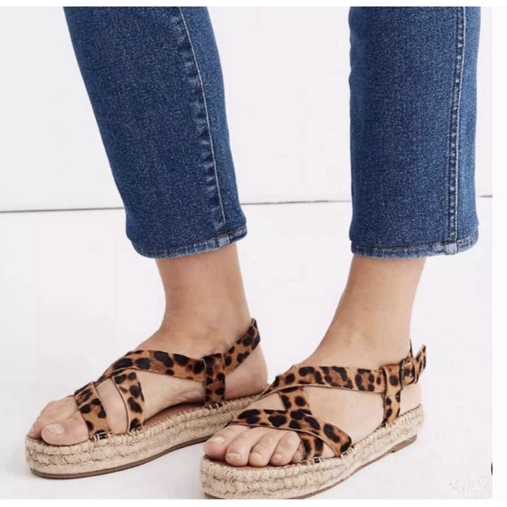 Madewell Size 8.5 Malia Asymmetrical Espadrille Sandal Truffle Leopard Calf Hair